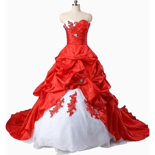 Vintage White And Red Ball Gown Wedding Dress For Women Appliques Lace Ruched Train Plus Size Lace-up Long Corset Bridal Dresses