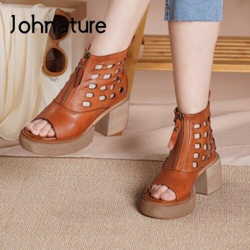 Johnature Genuine Leather Platform Sandals Women Shoes Retro Zip Peep Toe 2021 New Summer Handmade Leisure Hollow Ladies Sandals