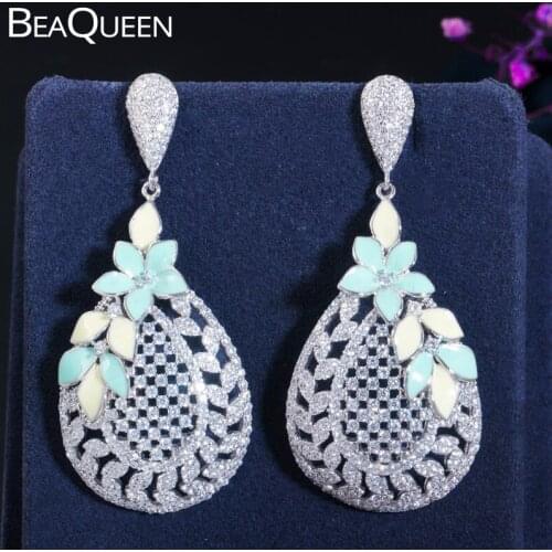 BeaQueen New Enamel Leaf Flower Setting Big Water Drop Shape Cubic Zirconia Long Wedding Dangle Earrings for Women Jewelry E361