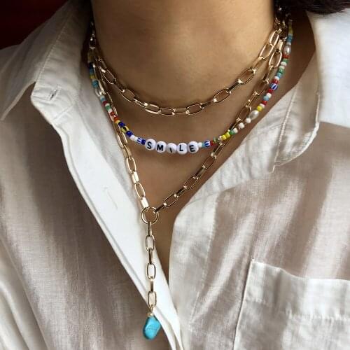 SMILE Print Bohemia Rainbow Beads Choker Necklace for Women Turquoise Pendant Alloy Necklace Girl Holiday Fashion Jewerly AM3236