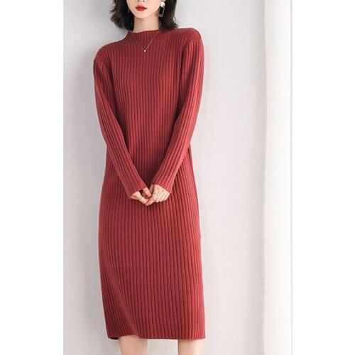 New High Quality Sweater Dress for Women Knee-length Solid Color O-Neck Pullover Thick Autumn and Winter Brief Red Pink Black