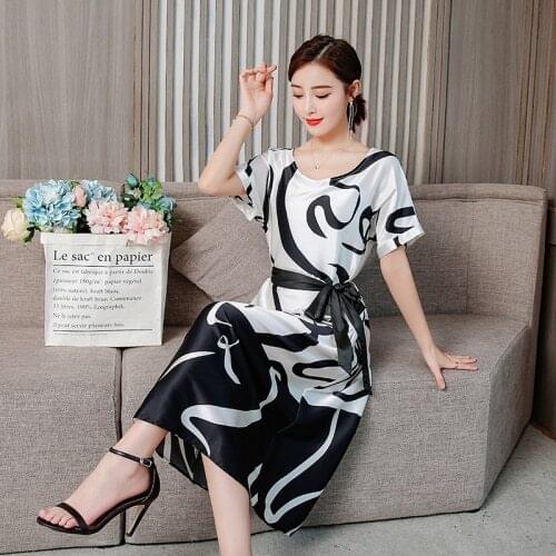 Women Lace-up Vintage Long Silk Dress Summer High Quality O-neck Print Dresses Batwing Sleeve Loose Medium Length Dresses