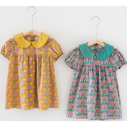 2021 Summer New Products Girls Doll Collar Dress Girls Baby Printed Puff Sleeve Short Sleeve Dress ChildrenS Dress