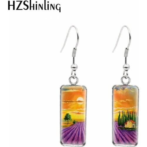 2021 New Lavender Field Rectangular Earring Purple Flower Fish Hook Earrings Glass Dome Handmade Jewelry