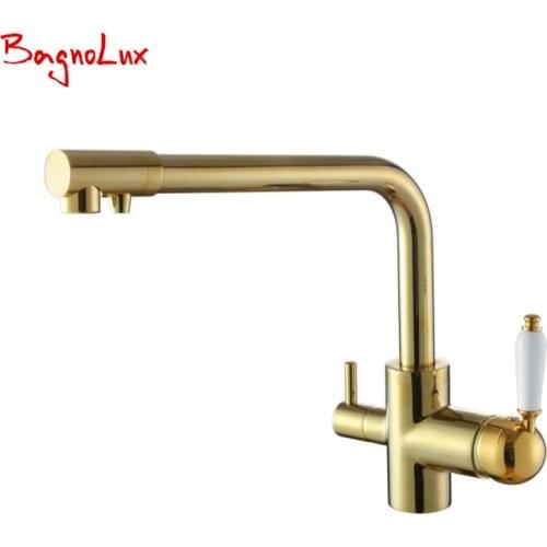 Bagnolux Drinking Water Kitchen Tap Solid Brass Single Hole Double Handle 3 Way Water Filter Round Swivel Spout Sink Mixer Tap
