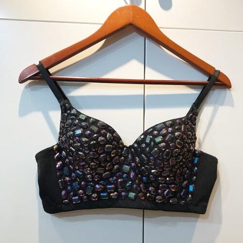 Cupnaya Black Crystal Women Sexy Spandex Stretch Crop Top Spaghatti Strap Bustier Inside Camisole Corset Bralette Shiny Clubwear