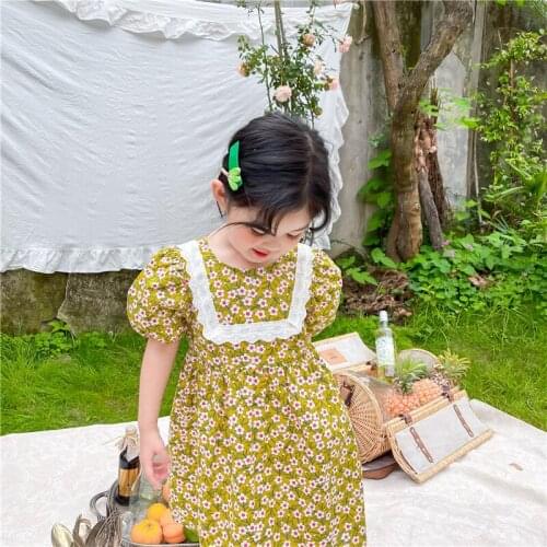 Childrens clothing girls summer pastoral style lace false square neck puff sleeve short-sleeved floral dress princess dress