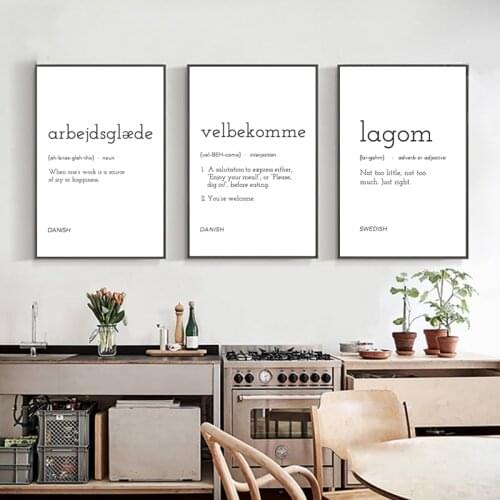 Lagom Arbejdsglæde Velbekomme Definition Nordic Posters and Prints Minimal Work Wall Art Canvas Painting Pictures Kitchen Decor