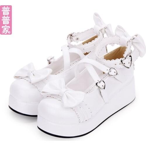 Princess sweet lolita shoes Japanese sweet soft sister round head lace bow tie muffin thick bottom all match shoes pu8018