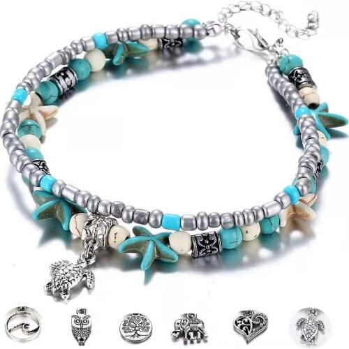 Fashion Personality Womens Anklet Conch Sea StarRice Bead Yyoga Turtle Sea Wave Pendant Double Anklet 2021 Trend New Party Gift