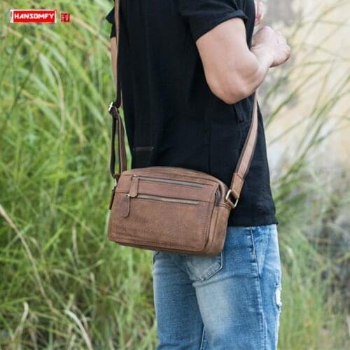 Retro Handmade Mens Bag Male Shoulder Messenger Bag Genuine Leather Crossbody Bag Small Casual Leather Bag Men Tide Bags Soft