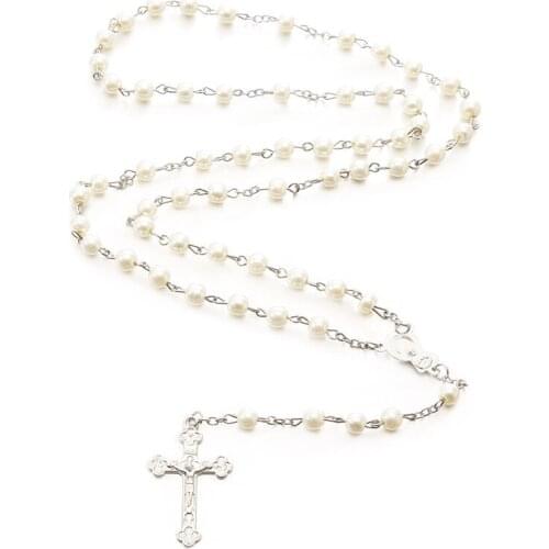 Rosary Simulation Pearl Bead Pendant Necklace For Women Men Alloy Cross Necklace Christian Catholic Religious Jewelry