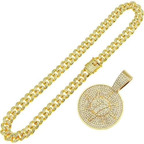 Hip Hop Rhinestones Paved Bling Iced Out Cuban Link Chain Number 7 Sun Round Pendants Necklace for Men Women Rapper Jewelry