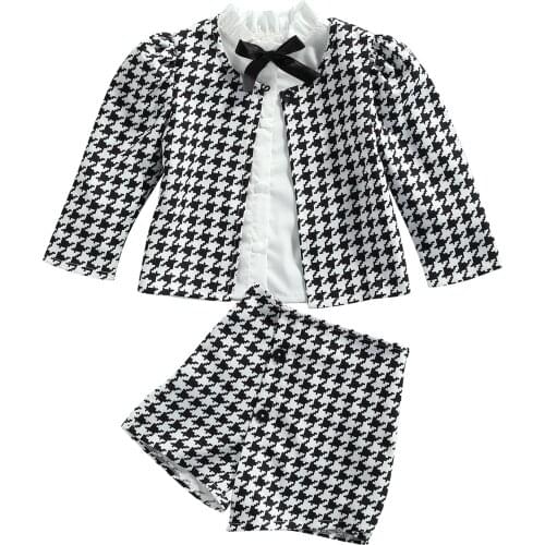 Girls Casual Three-piece Clothes Set, Black Houndstooth Printed Pattern Cardigan, Shorts and Shirt 1-7T