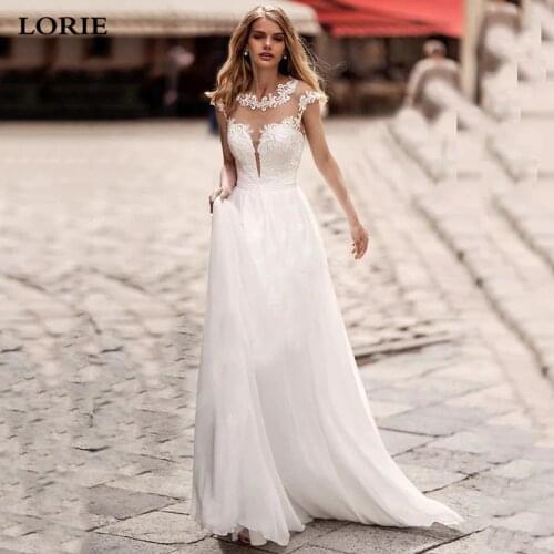 LORIE Chiffon Bohemian Wedding Dresses Cap Sleeve A Line Lace Appliques Bridal Gowns Illusion Back Wedding Party Gowns