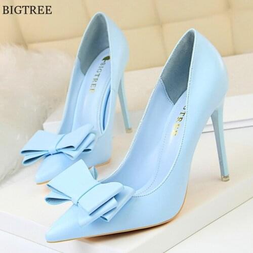 Sweet Bowtie Female Bridal Shoes Autumn Soft Leather Pointed Toe Ladies Office Yellow Fashion High Heels Shoes 2021 Women Pumps
