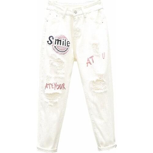 2020 Spring Autumn New White Jeans Womens Nine-minute Pants Slim Hallen Pants Sequins Bronzed Hole Denim Trousers Students