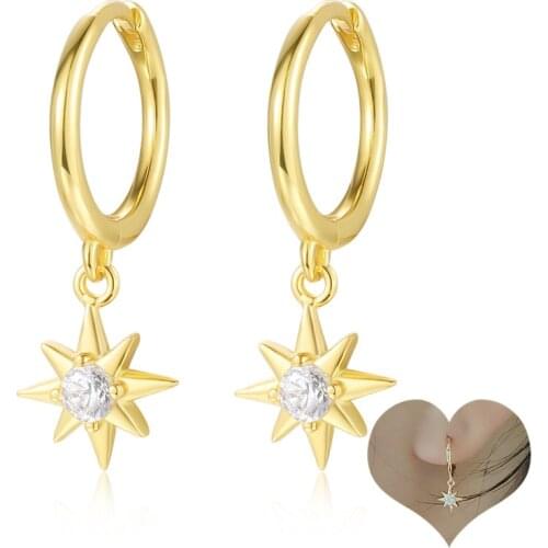Octagonal Star Sun Charm Dangle Hoop Earrings 925 Sterling Silver CZ Stone Cubic Zirconia Cartilage Piercing Fashion Earring