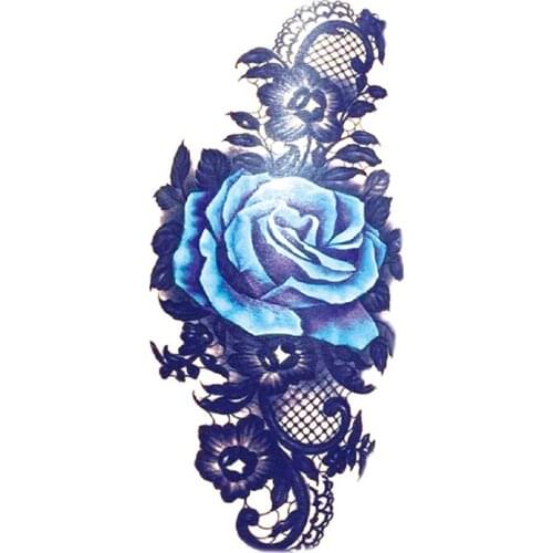 Temporary Tattoo Sticker Blue Rose Lace Leaves Jewelry Totem Design Fake Tattoos Waterproof Tatoos Arm Large Size for Women Girl