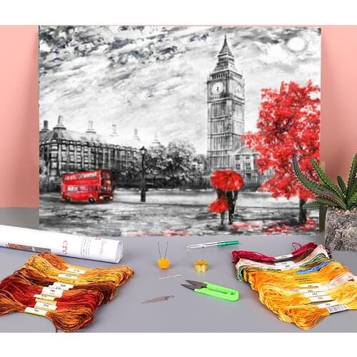 Landscape Street Pre-Printed 11CT Cross Stitch DIY Embroidery Complete Kit DMC Threads Needlework Sewing Hobby Design