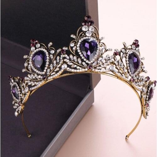 Y166 Purple Vintage Crown Bride Wedding Bridal Tiara Headband Hoop Rhinestone Stone Luxury Charms Hair Jewelry Glow Fashion