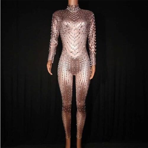 Bright Crystals Nightclub Jumpsuits Sexy Rhinestones Perspective Bodysuit Stage Dance Wear Celebrate Fashion Jazz Costume DJ1014