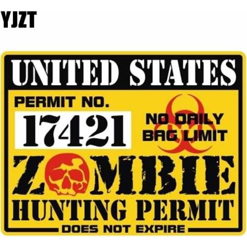 YJZT 10.2CM*7.1CM Amusing UNITED STATES ZOMBIE Hunting Permit Car Sticker Reflective Decal C1-7416