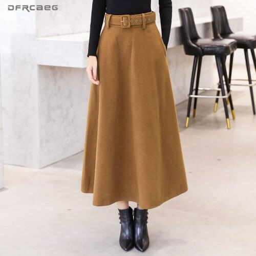 2020 Winter Woolen Maxi Skirts For Women Vintage With Belt High Waist Skirt Female Casual Streetwear Long Skirt Khaki Red Black