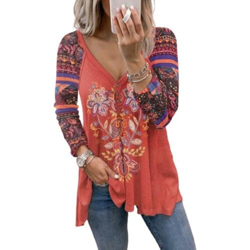 Floral Print Casual Tops Women Long Sleeve Autumn New Loose Tshirts Button V-Neck Fashion Female Clothing 2021 Camiseta de mujer