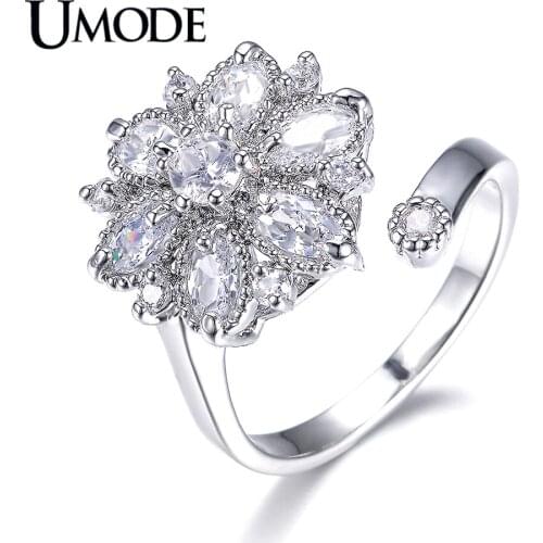 UMODE White Gold Color Halo Curve Ring With AAA+ Flower Shaped CZ Wedding Rings For Womens Summer Jewelry AUR0026