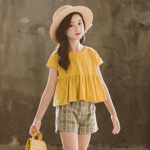 2021 Summer Korean Version of The Girl Suit Grid Cotton Shorts Short-sleeved Two-piece Set Baby Girl Clothes