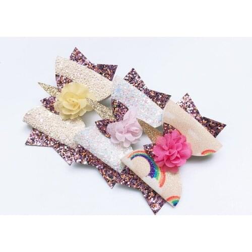 Boutique 15pcs Fashion Glitter Rainbow Cute Unicorn Bowknot Hairpins Solid Floral Bowtie Hair Clips Princess Hair Accessories