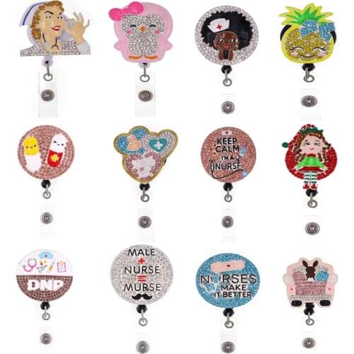 Medical Badge Holder ID Card Rhinestone Retractable Badge Reel With Alligator Clip