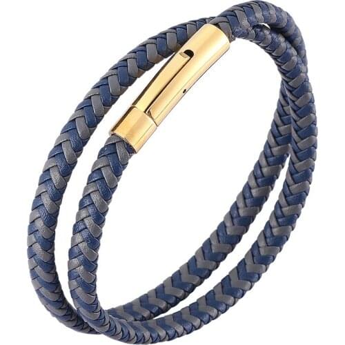 Mix Blue Gray Leather Braided Double Layer Men Women Bracelet 3 Colors Stainless Steel Snaps Jewelry Unisex Accessories Gift