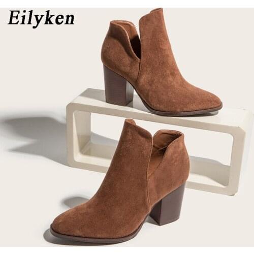 Eilyken Big Size 41 42 43 Comfortable Women Ankle Boots Sexy Pointed Toe Wood Thick High Heels Fashion Ladies Dress Shoes