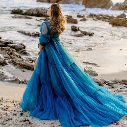 Elegant Beach Blue Maternity Dress A-line Long Tulle Baby-shower Robe Mesh Long Gowns Boho Women Dresses Photo Shoot