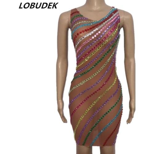 Multi Rhinestones Rainbow Stripes Short Dress Sexy Transparent Stage Wear Women Birthday Celebrate Mesh Outfit Nightclub Costume