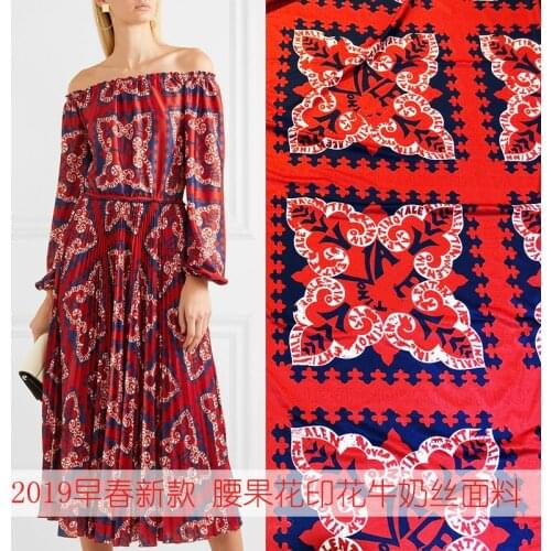 Cashew Flower Printed Red Milk Silk Fabric Brand Fashion Handmade DIY Clothing Custom Cloth Fabrics by the Meter for Dress