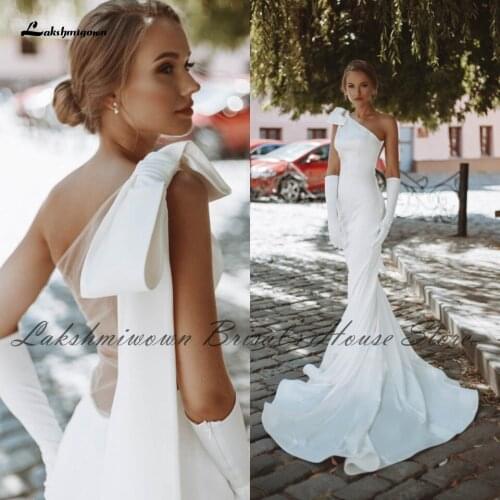Lakshmigown Elegant Women Mermaid Wedding Gown 2021 One Shoulder Simple Bridal Robe Satin Wedding Dresses with Bow