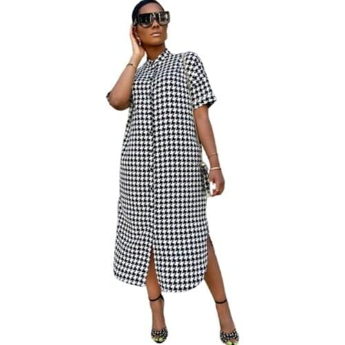 Summer African Dresses for Women 2020 New Fashion Robe Long Shirt Dress Grid Print Bazin Vestidos Dashiki Party African Clothes