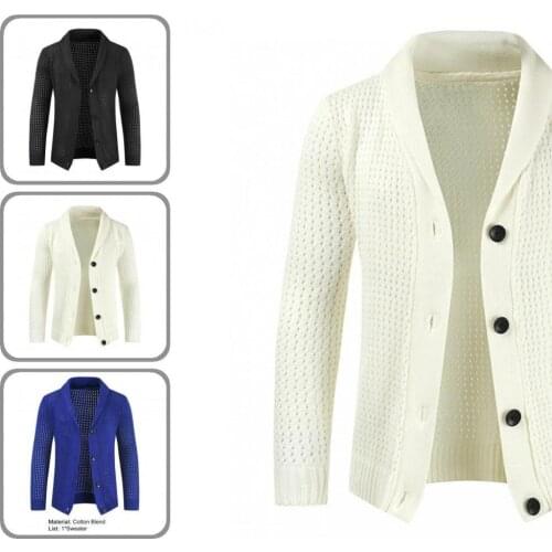 Hole Terrific Turn-down Collar Men Sweater Single-breasted Sweater Solid Color for Outdoor