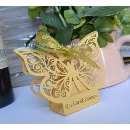Custom gold Butterfly Decorations!Wedding candy box in pearl paper Box,baby/wedding/party favor box