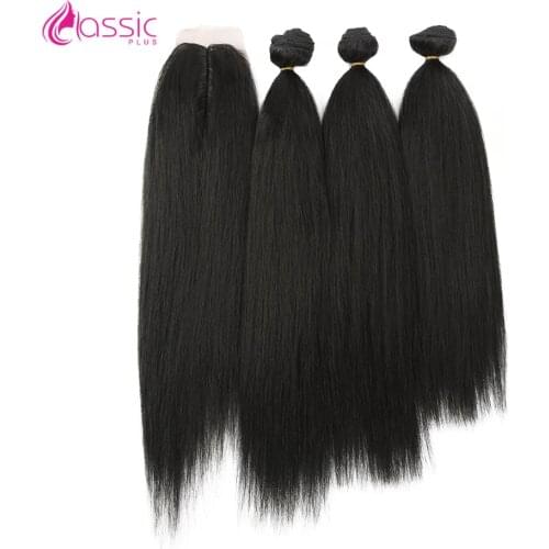 Beautyforever Kinky Straight Synthetic Hair Bundles Lace With Closure 18-22 Inches Hair Weaves Ombre Brown Black Hair Extensions