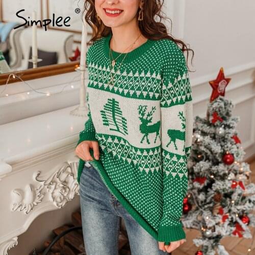 Simplee Leisure cartoon Christmas Sweater Long sleeve spring autumn round neck knitted pullover Fashion printed womens sweater