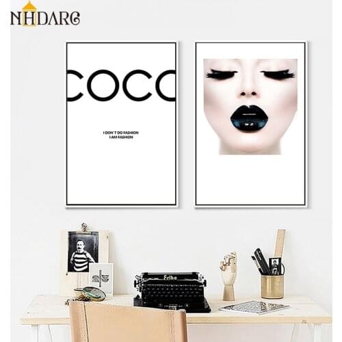 Modern Vogue COCO Black Lips Sexy Girl Wall Art Canvas Poster Minimalist Print Painting Wall Picture for Living Room Home Decor