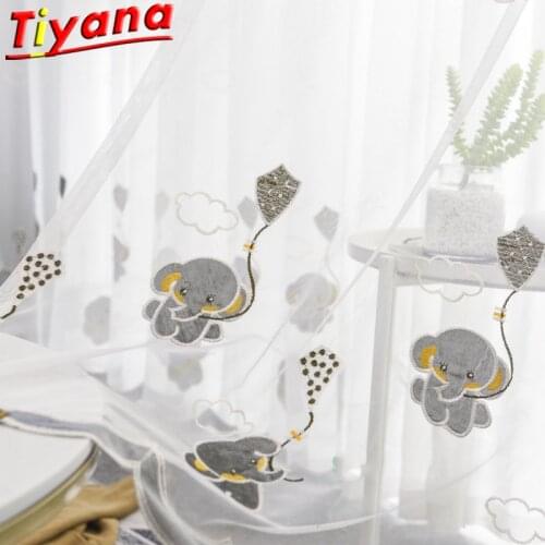 Grey Elephant Embroidery Tulle Curtains for Kids Room Cute Animals Gauze for Living Room Clouldy Sheer Tulle X-ZH030#20