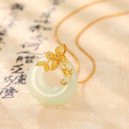 Vintage Natural Stone Round Pendant Necklace Charm Flower Golden Jewelry For Women Wedding Party Luxury Neck Chain New Year Gift