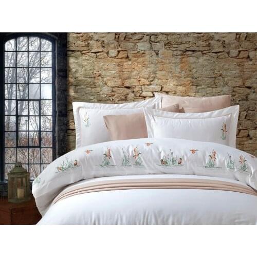 Duck Embroidered Cotton Satin Duvet cover set Cream Cappucino