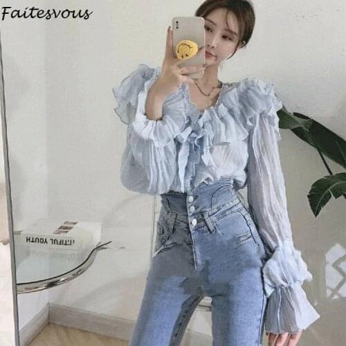 2021 Sweet Chiffon Shirt Women Autumn Ruffled V-neck White Blouses Fairy Elegant Flared Sleeve Tops Female