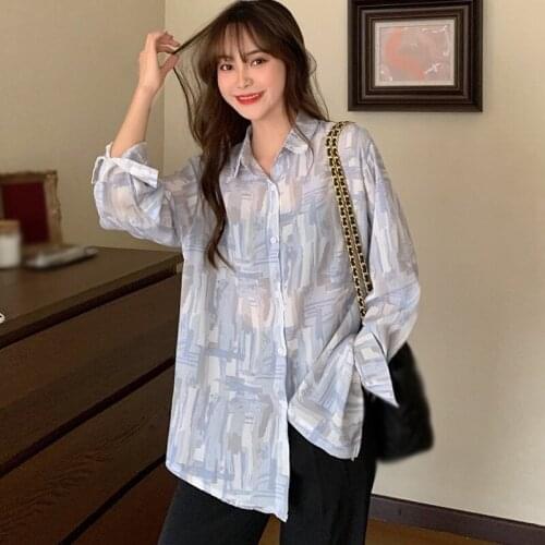 2021 New Style Womens Fashion Oil Painting Printing Loose Shirt Spring and Autumn Long Sleeve Chiffon Shirts Blouse